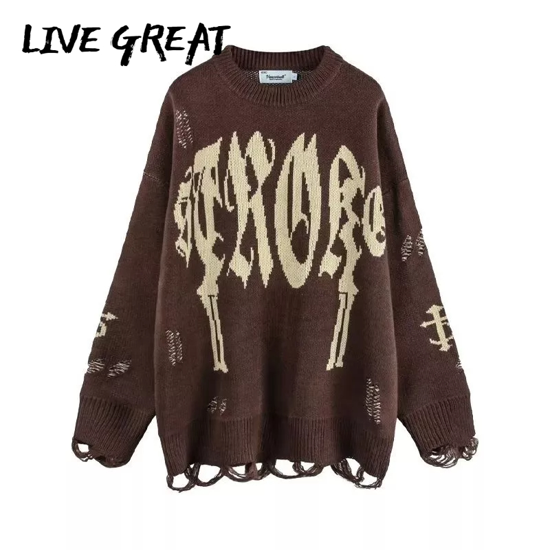 LIVE GREAT เสื้อกันหนาวผู้ชาย, แฟชั่นอินเทรนด์ใหม่, เสื้อถักพิมพ์ลายฮิปฮอปแนวสตรีทอเมริกัน, เสื้อสเวตเตอร์แบบหลวมสบาย ๆ