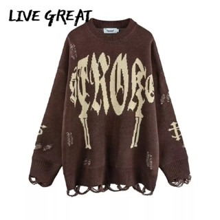 LIVE GREAT เสื้อกันหนาวผู้ชาย, แฟชั่นอินเทรนด์ใหม่, เสื้อถักพิมพ์ลายฮิปฮอปแนวสตรีทอเมริกัน, เสื้อสเวตเตอร์แบบหลวมสบาย ๆ