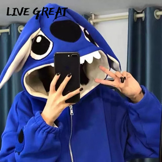 LIVE GREAT ใหม่น่ารักการ์ตูน Stitch เสื้อกันหนาวคลุมด้วยผ้าหลวมพอดีแจ็คเก็ตแฟชั่นคู่ชายและหญิงกับเสื้อกันหนาวหูใหญ่