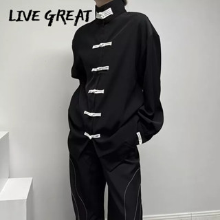 LIVE GREAT เสื้อเชิ้ตผู้ชาย แฟชั่นอินเทรนด์ใหม่ สไตล์จีนใหม่ เสื้อแขนยาว คอตั้ง หลวม เสื้อเชิ้ตย้อนยุค