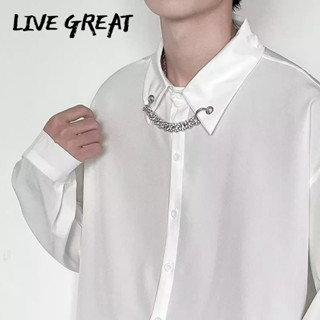 LIVE GREAT เสื้อเชิ้ตผู้ชายใหม่สีทึบไฮสตรีทอินเทรนด์ฮิปฮอปแขนยาวโซ่หลวมเสื้อเชิ้ตสีขาวด้านบน