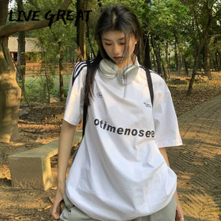 LIVE GREAT เสื้อยืดผู้ชายฤดูร้อนเรโทรอเมริกันลายทางหลวมแข่งคู่แขนสั้น