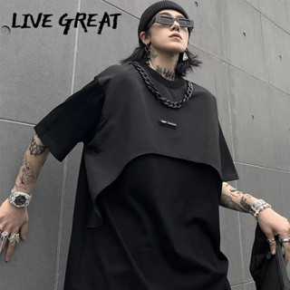 LIVE GREAT เสื้อยืดผู้ชาย เสื้อกั๊กทำงาน ปลอมสอง ท็อปส์ซูสีเข้มหลวม ของผู้ชายและผู้หญิง (พร้อมโซ่)