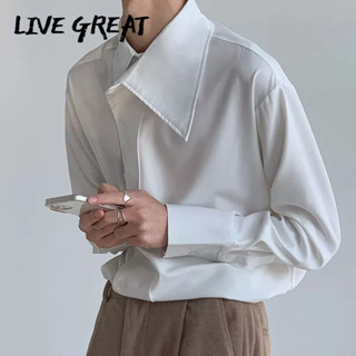 LIVE GREAT เสื้อเชิ้ตผู้ชาย วินเทจ ปกลำลอง หลวม ท็อปส์ซู