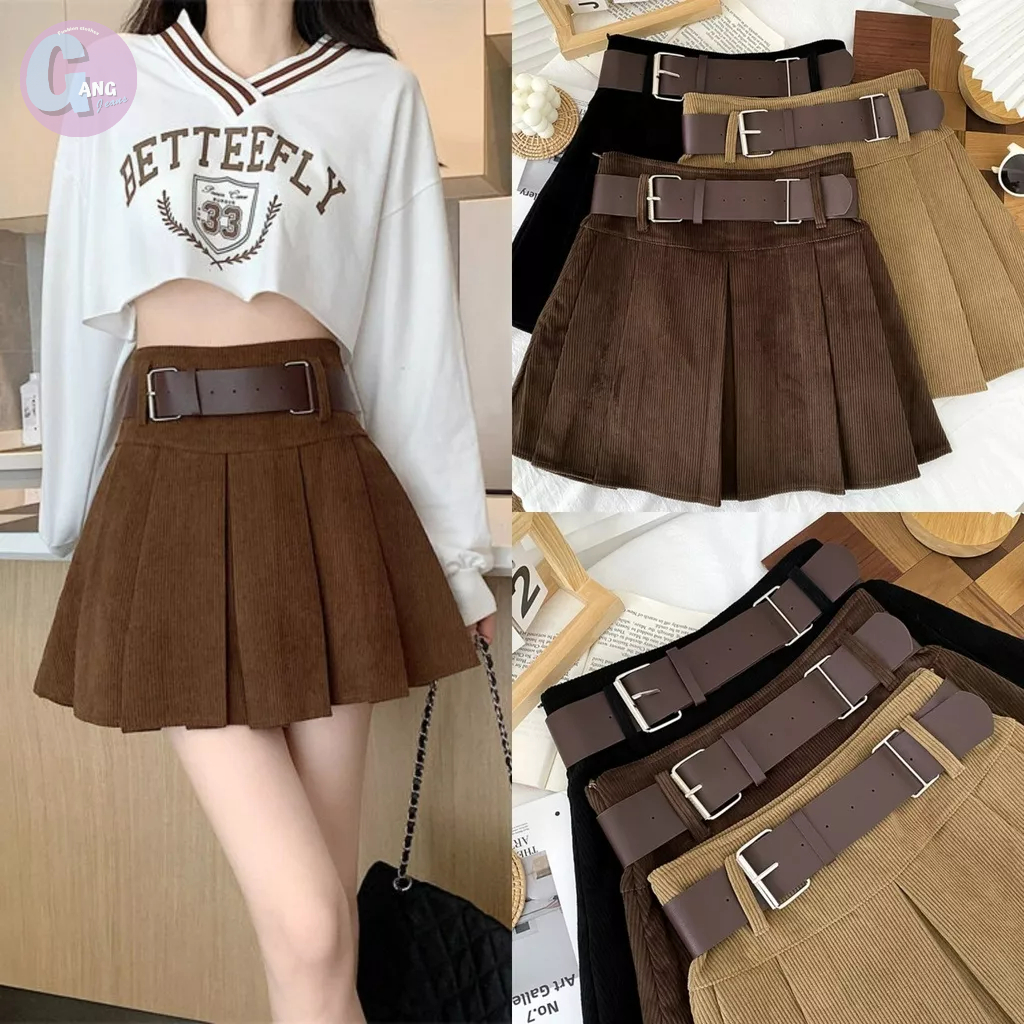 Gang_jeans #687(โค้ด GANGAPR ลด 45.-)กระโปรงแฟชั่นเอวสูงแนว Y2K  ผ้าลูกฟูก ทรงเทนนิส กระโปรงเอวสูง เ