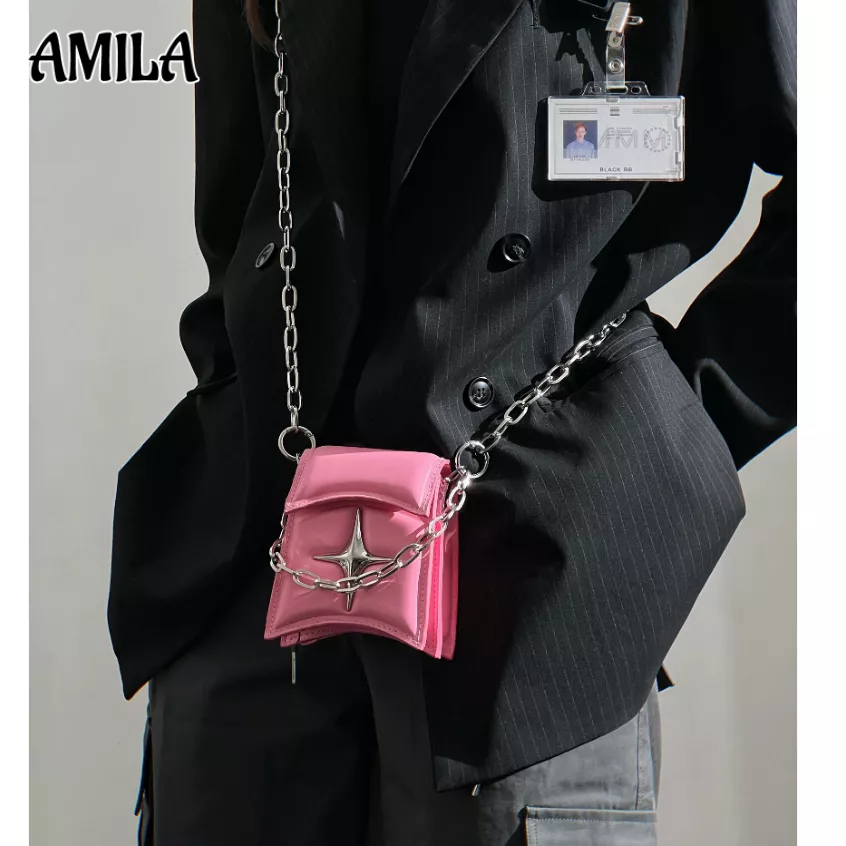 Amila กระเป๋าถือ กระเป๋าสะพายไหล่ แต่งสายโซ่คล้อง แฟชั่นยอดนิยม สไตล์เรโทร สําหรับผู้หญิง