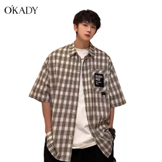 OKADY ฤดูร้อนใหม่เสื้อเชิ้ตผู้ชายแขนสั้นลายสก๊อตเสื้ออินเทรนด์ระดับไฮเอนด์แจ็คเก็ตลำลองแบรนด์อินเทรนด์ของญี่ปุ่น