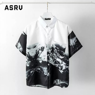 ASRV เสื้อเชิ้ตผู้ชาย เสื้อฮาวาย แขนสั้นสไตล์จีน จิตรกรรมภูมิทัศน์จีน