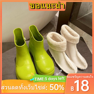 รองเท้าแตะซิลิโคนหัวโต#Axige mona รองเท้าบูทกันฝนผู้หญิง plus กำมะหยี่ที่ถอดออกได้และล้างทำความสะอาดได้ warm non-slip กั