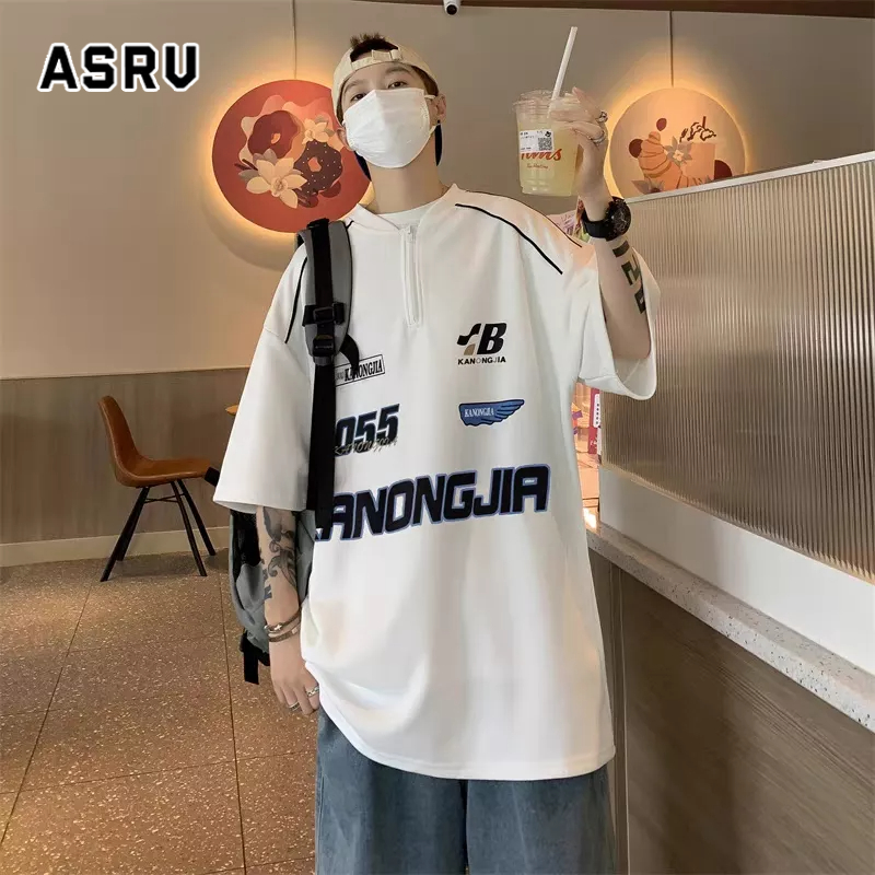 ASRV แขนสั้นผู้ชายคอตั้งแบรนด์น้ำแฟชั่นสไตล์เมืองทุกวันในเสื้อยืดมาตรฐานยอดนิยมของเยาวชน
