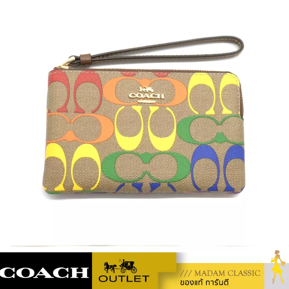 ของแท้ 💯% กระเป๋าสตางค์คล้องมือ COACH C9945 CORNER ZIP WRISTLET IN RAINBOW SIGNATURE CANVAS (IME7V)