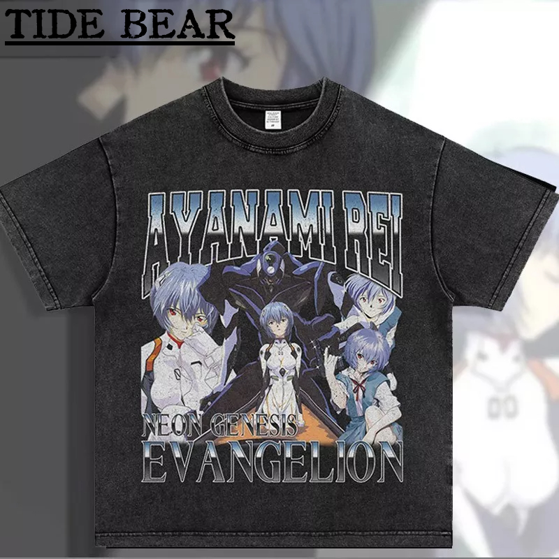 TIDE BEAR เสื้อยืดผู้ชาย อเมริกันย้อนยุคถนนสั้น-แขนสั้นในช่วงฤดูร้อนผ้าฝ้ายตายโน้ตมิไฮทรายพิมพ์อะนิเมะสั้น-แขนหลว