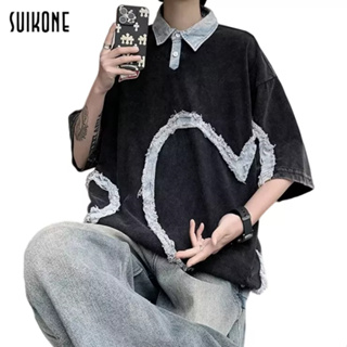 Suikone   เสื้อยืดแขนสั้นผู้ชาย แฟชั่น เรียบง่าย สไตล์ฮาราจูกุ ปกโปโล รูปหัวใจ เสื้อยืดแขนสั้น ใส่ได้ทั้งชายและหญิง