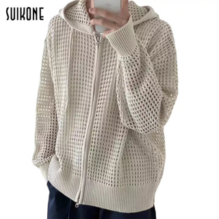 Suikone   ผู้ชายถักกลวงแขนยาวแฟชั่นเกาหลีคลุมด้วยผ้าซิปคาร์ด…