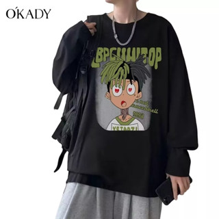 OKADY เสื้อยืดแขนยาวพิมพ์ลายสไตล์ฮ่องกงผู้ชายหลวมกีฬาฤดูใบไม้ผลิและฤดูใบไม้ร่วงลำลองฮิปฮอปคู่ขนาดใหญ่ท็อปส์ซู