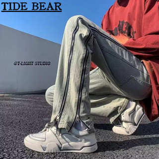 TIDE BEAR กางเกงยีนส์ผู้ชาย เกาหลีย้อนยุคสบายๆ ฮิปฮอปสูงถนนสองแถวด้านซิปแยกบางตรงหลอด