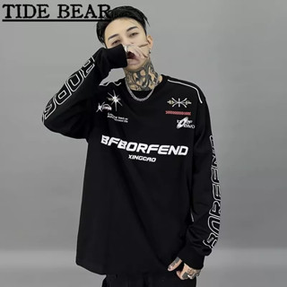 TIDE BEAR เสื้อเชิ้ตผู้ชาย อเมริกันเรโทรถนน ฮิปฮอปแข่งชุดลำลองคู่หลวมรถจักรยานยนต์แขนยาวด้านบน