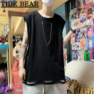 TIDE BEAR เสื้อกั๊กผู้ชาย เกาหลีย้อนยุคสบายๆ ฉีกเสื้อกั๊กแฟชั่นสร้อยคอบุคลิกภาพสูงถนนฮิปฮอปฝ้ายหลวมแขนกุดด้านบน