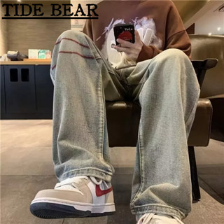 TIDE BEAR กางเกงยีนส์ผู้ชาย เกาหลีย้อนยุคสบายๆ เส้นผิดปกติ,ถนนสูง,ขากว้างตรงและหลวม