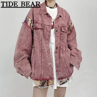 TIDE BEAR เสื้อยีนส์ผู้ชาย อเมริกันเรโทรถนน แจ็คเก็ตเย็บเฉพาะความรู้สึกออกแบบสีชมพู