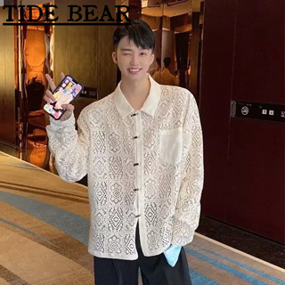 TIDE BEAR เสื้อผู้ชาย เกาหลีย้อนยุคสบายๆ แฟชั่นสูงฝรั่งเศสใหม่จีนกลวงถักยาว