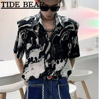 TIDE BEAR เสื้อผู้ชาย เกาหลีย้อนยุคแขนสั้นลำลอง ผูกย้อมแผ่นรองไหล่ท็อปส์ซูแฟชั่นระดับไฮเอนด์