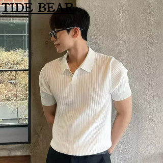 TIDE BEAR เสื้อโปโลผู้ชาย เกาหลีย้อนยุคแขนสั้นลำลอง สีทึบปกแสงสไตล์ผู้ใหญ่ลายจีบถักด้านบน