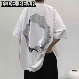 TIDE BEAR เสื้อยืดผู้ชาย อเมริกันย้อนยุคถนนแขนสั้น บรรทัดพิมพ์ผ้าฝ้าย 320 กรัมหนักสามไตรมาสแขนด้านบน