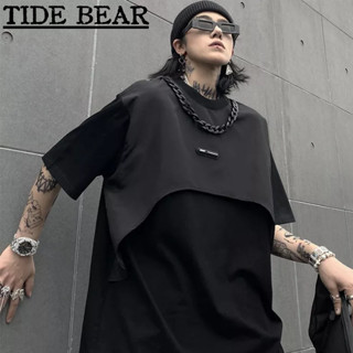 TIDE BEAR เสื้อยืดผู้ชาย อเมริกันย้อนยุคถนนแขนสั้น Summerร้อนยามาโมโตะทำงานเสื้อกั๊กปลอมสอง-ชิ้นผู้ชายและผู้หญิงเสื้อสีเข้ม(ด้วยโซ่)