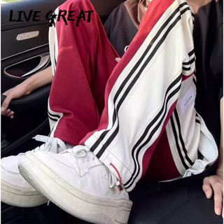 LIVE GREAT กางเกงผู้ชายลายนิชสีตรงหลวมกีฬาลำลองกางเกง