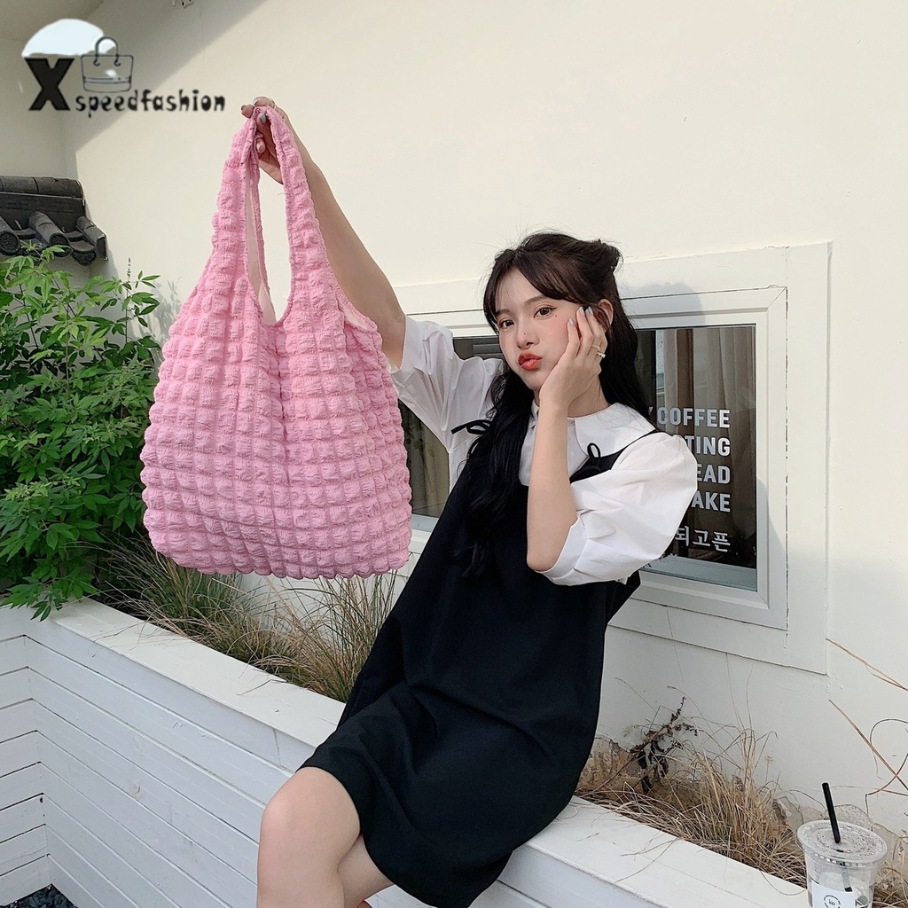 xspeedfashion(X1814) กระเป๋าผ้าย่น ทรงนิ่ม ผ้ายับ สุดน่ารักแนวเกาหลี