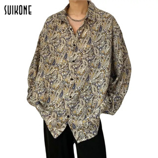 Suikone   ผู้ชายสไตล์ฮ่องกงใหม่วินเทจพิมพ์เสื้อเชิ้ตแขนยาวสไตล์ฮาวายเสื้อหลวมๆท็อปส์ซูลำลอง