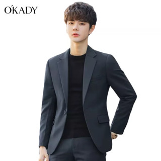 OKADY ญี่ปุ่นแขนยาวปกแบนปกสีทึบเสื้อสูทผู้ชายเยาวชนที่นิยมชายชุดเล็ก