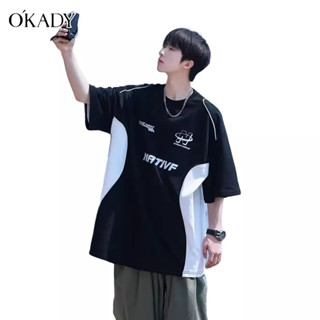 OKADY สไตล์วินเทจ|เสื้อยืดผู้ชายวัยรุ่นญี่ปุ่นยอดนิยมคอกลมอินเทรนด์อินแขนสั้นแฟชั่นอินเทรนด์แบรนด์ขี้เกียจด้านบน