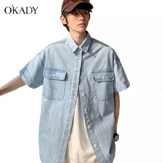 OKADY เด็กชายฤดูร้อนใหม่ยีนส์แขนสั้นเสื้อเชิ้ตย้อนยุคอเมริกันปกหลวมสบาย ๆ แจ็คเก็ต