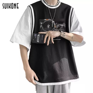 Suikone  เสื้อยืดผู้ชายแขนสั้นแฟชั่นเรียบง่ายสไตล์ฮาราจูกุเสื้อยืดลำลองคอกลมแขนสั้นด้านบน