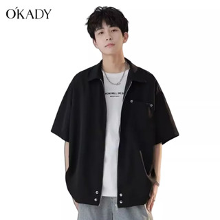 OKADY แนวโน้มยอดนิยมของเยาวชนที่ตรงกันทั้งหมดเสื้อฤดูร้อนอารมณ์ใหม่สีทึบแขนสั้นด้านบน