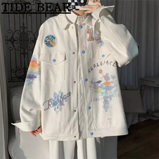 TIDE BEAR เสื้อยีนส์ผู้ชาย เวอร์ชั่นเกาหลีของย้อนยุคลำลองแขนยาว กราฟฟิตีดิจิตอลสีพิมพ์แฟชั่นระดับไฮเอนด์