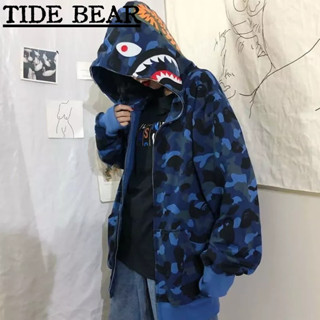 TIDE BEAR เสื้อกันหนาวหมวกขาวผู้ชาย เกาหลีย้อนยุคสบายๆ ซิปเต็มฉลามคู่หลวมบางแจ็คเก็ต