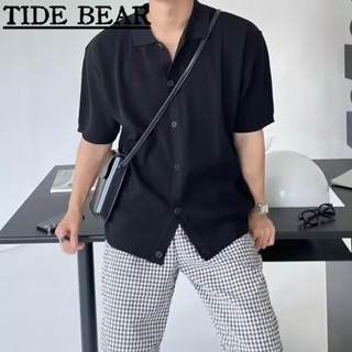 TIDE BEAR เสื้อถักผู้ชาย เกาหลีย้อนยุคสบายๆ หลวมกระชับอกเดียวห้าจุดแขนสีทึบคอคาร์อินเทรนด์