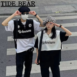 TIDE BEAR ผู้ชายครึ่งยาวเสื้อกั๊ก อเมริกันเรโทรถนน วรรณกรรมและศิลปะการแข่งขันทั้งหมด-ง่ายกะโหลกแฟชั่นด้านบน