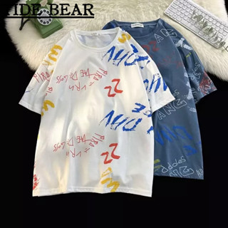 TIDE BEAR เสื้อยืดผู้ชาย อเมริกันย้อนยุคถนนแขนสั้น ฮิปฮอปกราฟฟิตีพิมพ์หลวมห้าจุดแขนบน