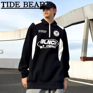 TIDE BEAR เสื้อโปโลผู้ชาย อเมริกันเรโทรถนน ฮิปฮอปคู่ตัวอักษรเฉพาะพิมพ์เย็บเสื้อแขนยาวรถจักรยานยนต์