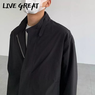 LIVE GREAT เสื้อแจ็คเก็ตผู้ชายเทรนด์ใหม่แฟชั่นดีไซน์เรียบๆ สบายๆ ด้านบนหลวมๆ สบายๆ เสื้อแจ็คเก็ตคอตั้งแบบตั้งพื้น