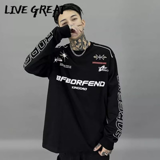 LIVE GREAT เสื้อกันหนาวผู้ชายเทรนด์ใหม่แฟชั่นอเมริกันสตรีทพิมพ์เสื้อด้านล่างหลวมสบาย ๆ เสื้อสเวตเตอร์สวมหัวคอกลม