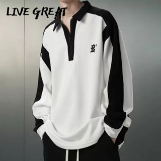 LIVE GREAT เสื้อสเวตเตอร์ผู้ชายเทรนด์ใหม่แฟชั่นถนนอเมริกันเย็บสีตัดกันด้านบนหลวมสบาย ๆ เสื้อสเวตเตอร์คอปก POLO ที่เข้ากันทั้งหมด