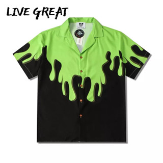 LIVE GREAT เสื้อเชิ้ตแขนสั้นออกแบบถนน, สีเขียวกราฟฟิตีสีจับคู่เสื้อถนนฮิปฮอปหลวมสำหรับผู้ชายและผู้หญิง