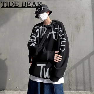 TIDE BEAR เสื้อกันหนาวผู้ชาย อเมริกันเรโทรถนน อารมณ์จดหมายการพิมพ์การแข่งขันทั้งหมดคู่แฟชั่นรอบคอ