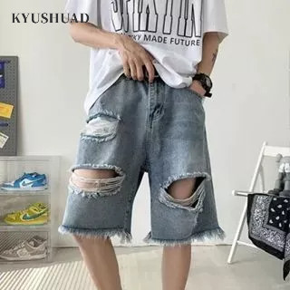 KYUSHUAD กางเกงยีนขาสั้นแบบฉีก Celana Pendek Denim ย้อนยุคหลวมและ Celana Pendek Denim อเนกประสงค์เหมาะสำหรับผู้ชาย