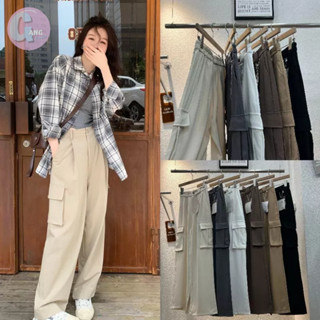 Gang_jeans #9161( ใส่โค้ด AUGGAA ลด 15% )กางเกงทรงกระบอก แนวคาร์โก้ กระเป๋าข้าง เบสิค ผู้หญิง พร้อมส่ง